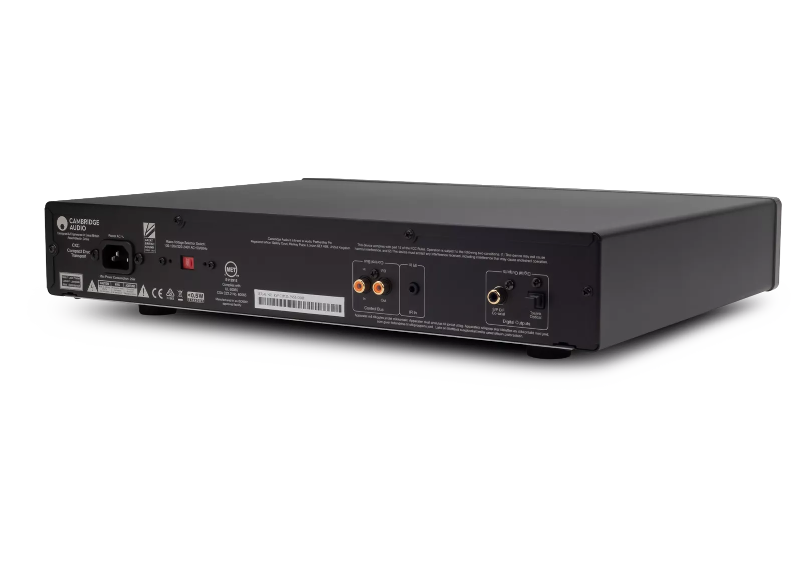 Back view of a Cambridge Audio CXC V2 CD Transport with various ports on a white background