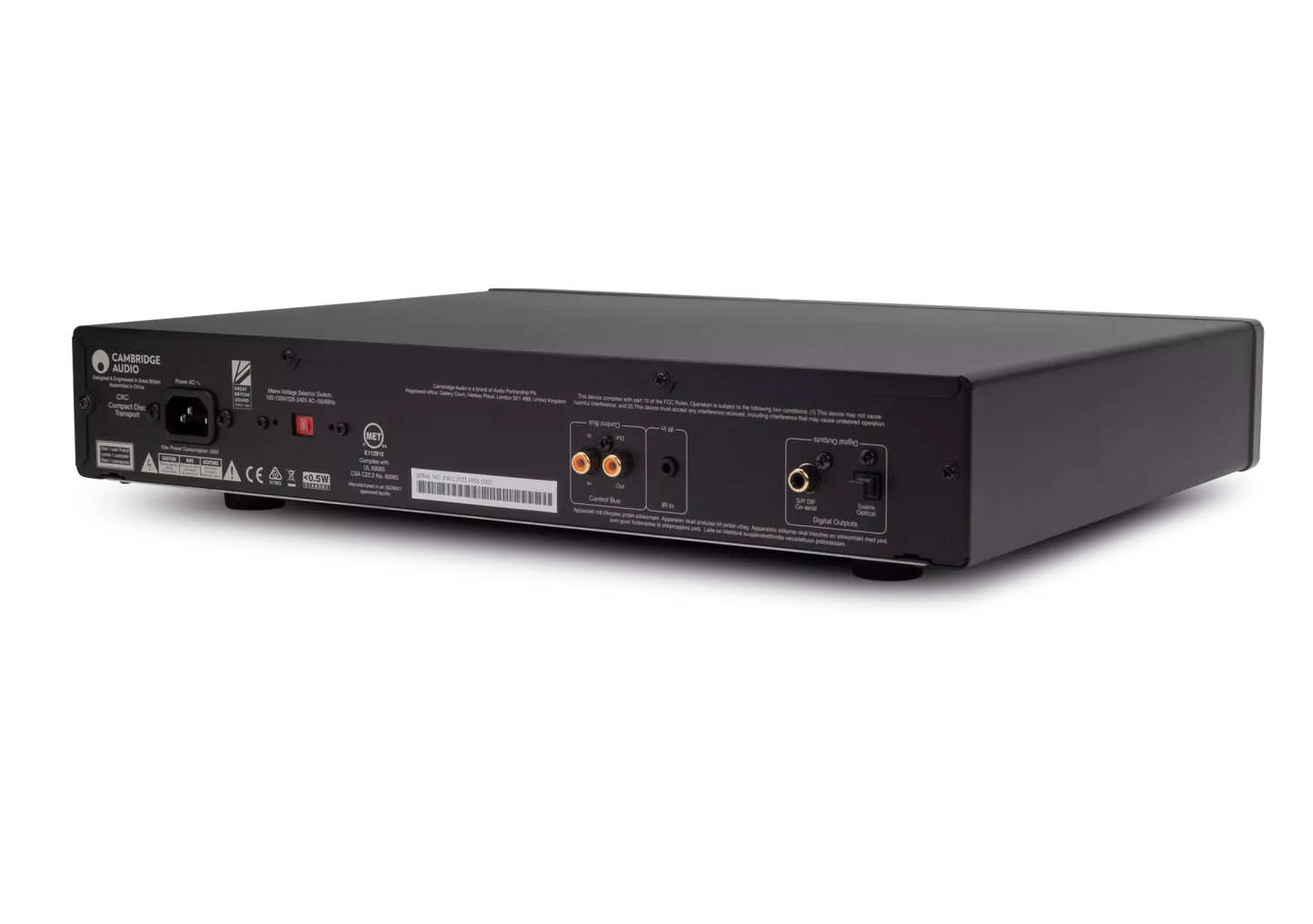Back view of a Cambridge Audio CXC V2 CD Transport with various ports on a white background
