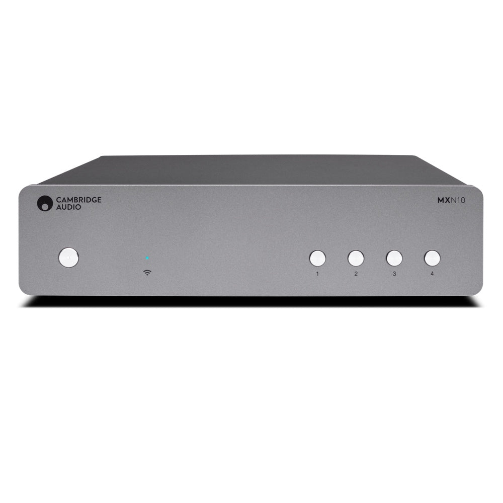 Cambridge Audio MXN10 Compact Network Player, gray color, with front panel displaying brand logo and input/output ports.
