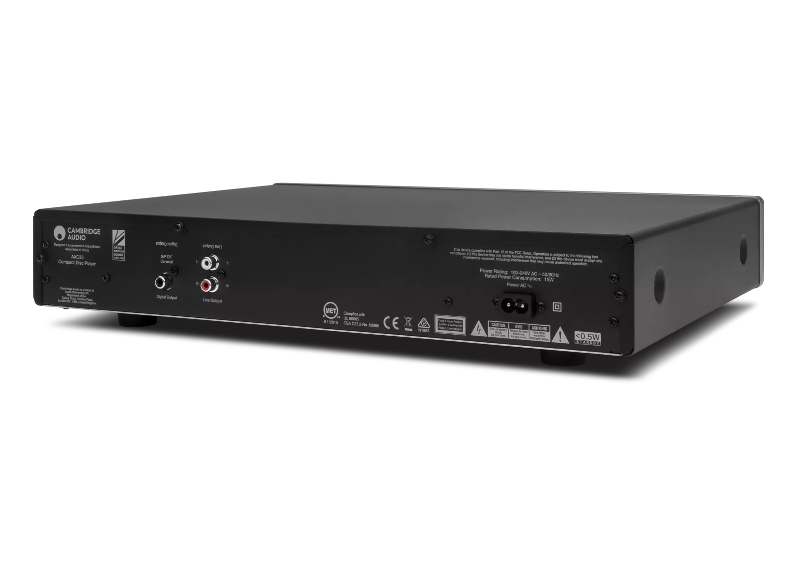 Back view of a Cambridge Audio AXC35 CD Player on a white background