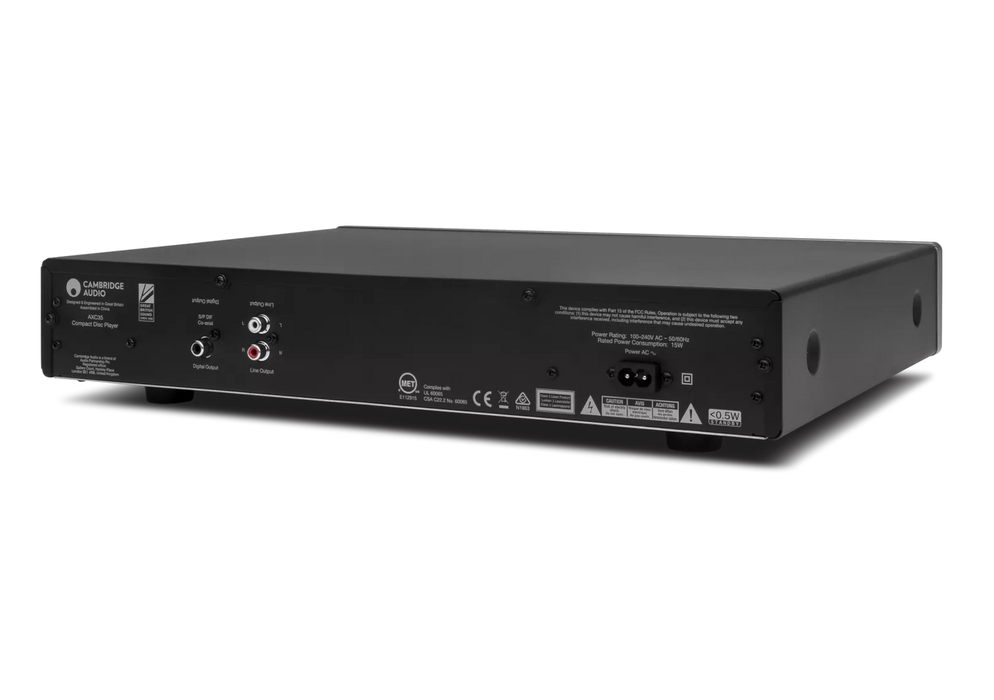 Back view of a Cambridge Audio AXC35 CD Player on a white background