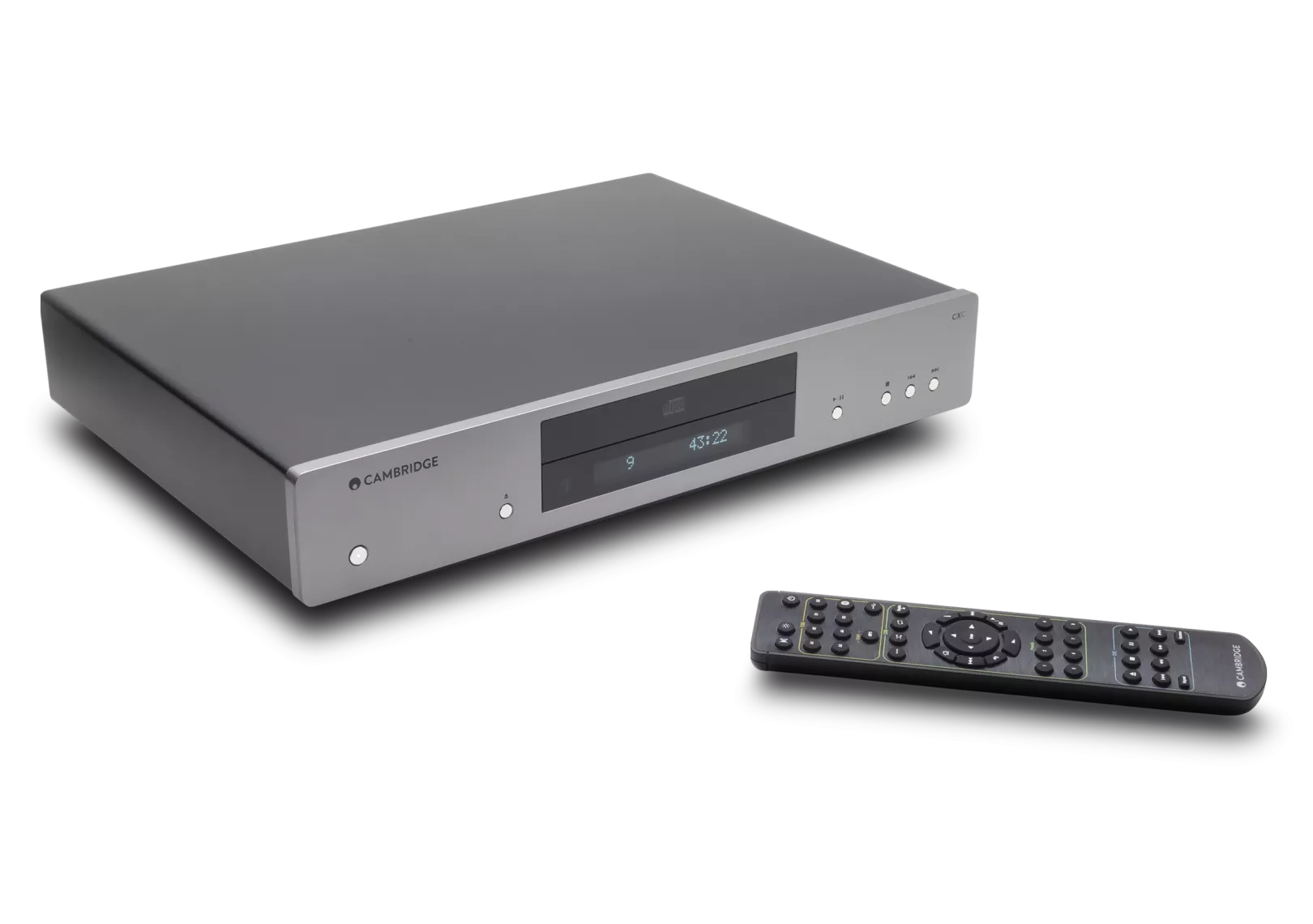 Gray Cambridge Audio CXC V2 CD Transport with a remote control on a white background