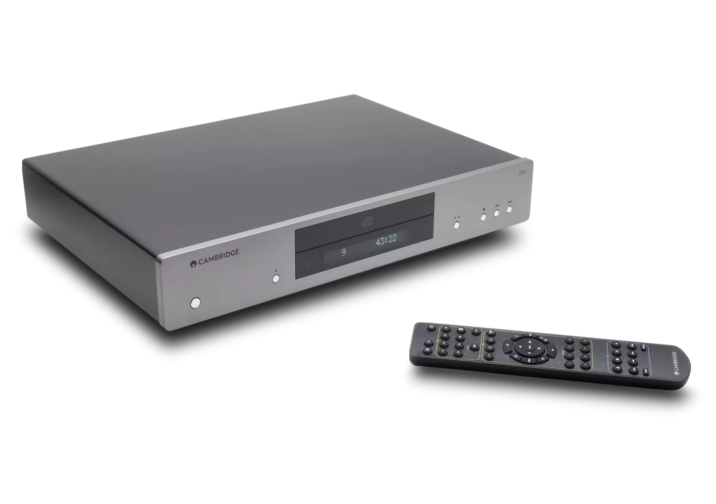 Gray Cambridge Audio CXC V2 CD Transport with a remote control on a white background