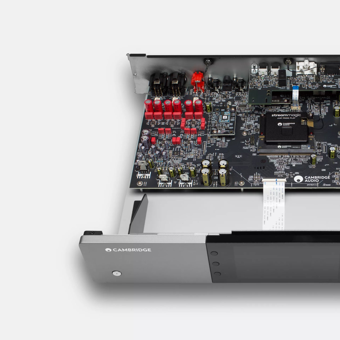 Cambridge Audio EXN100 Network Player with a detailed view of the circuit board on a white background - HiFi Centre