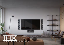 Modern living room with a large TV, speakers, and decorative elements and KEF Ci5160REFM-THX Reference In-Wall installed.