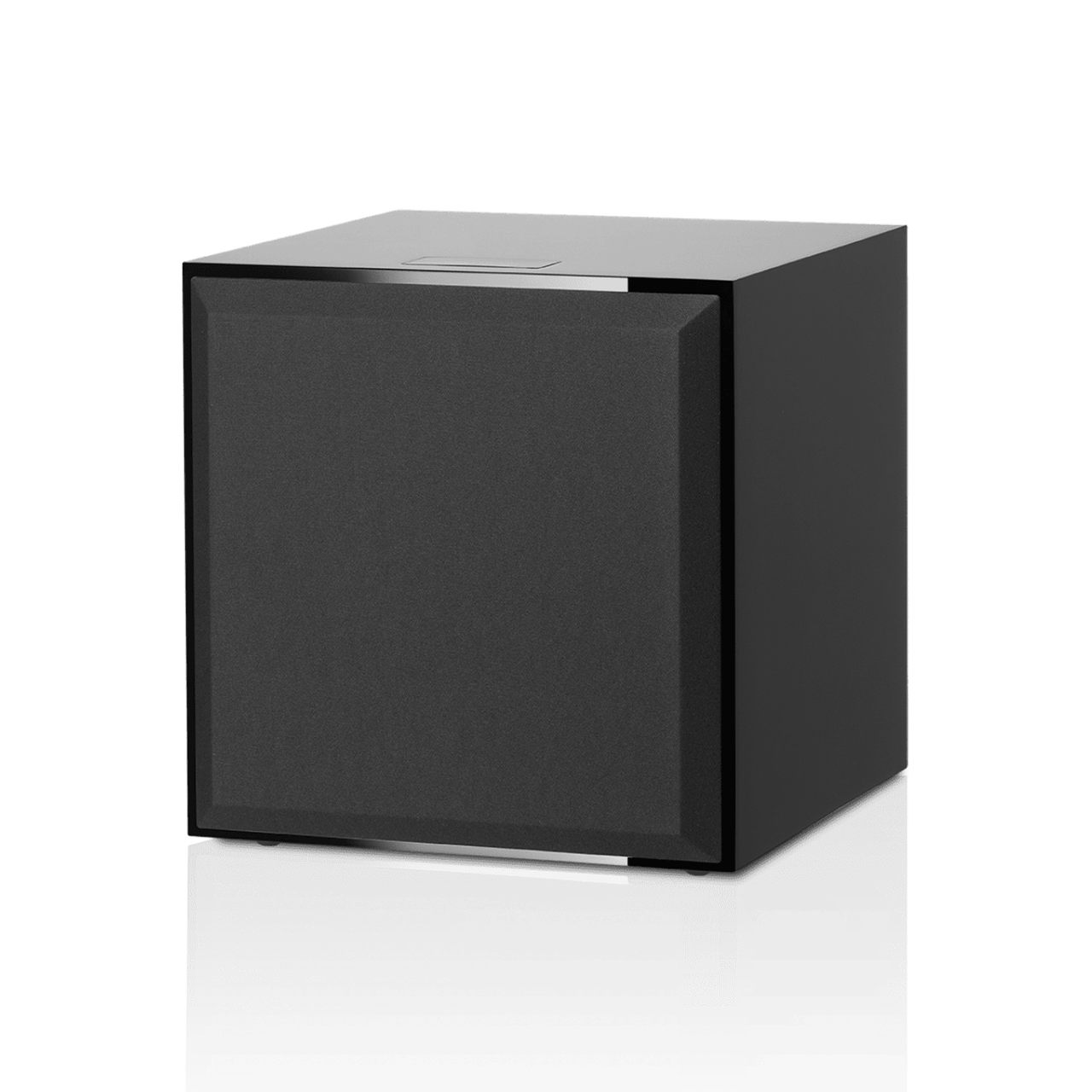 A white Bowers & Wilkins DB4S 10” Subwoofer in black color, featuring a single driver with an aerofoil cone design - back side.