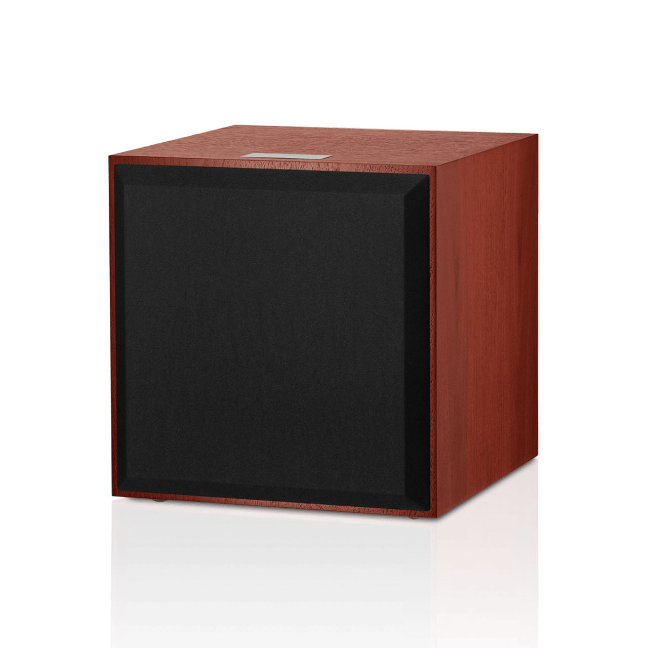 A white Bowers & Wilkins DB4S 10” Subwoofer in rosenut color, featuring a single driver with an aerofoil cone design - back view.