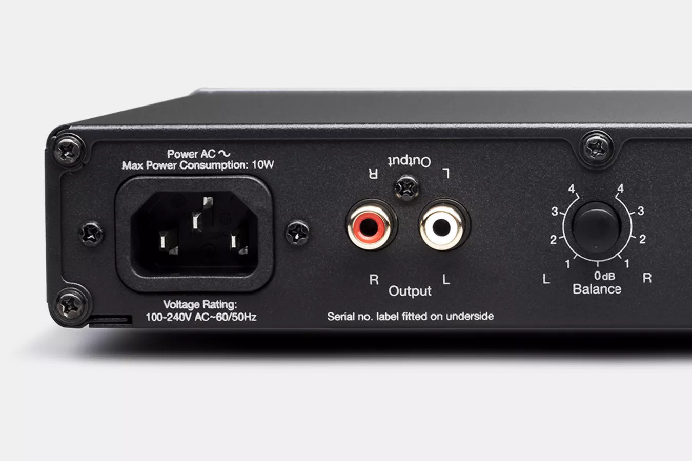 Back view of a Cambridge Audio DUO MM/MC Phono Stage amplifier with connectivity ports on a white background