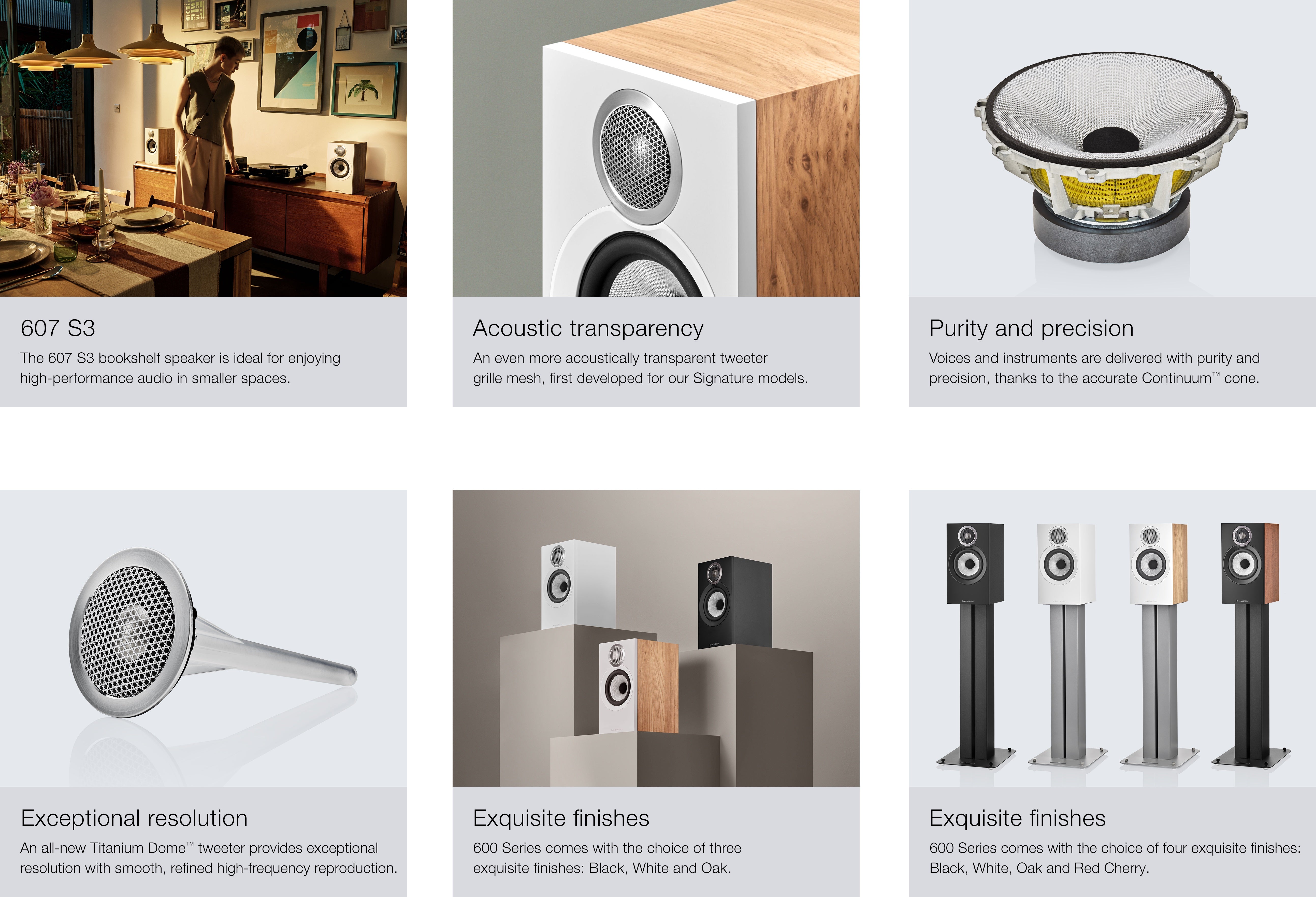 Overview of features and benefits of B&W 607 S3 Bookshelf Speaker.