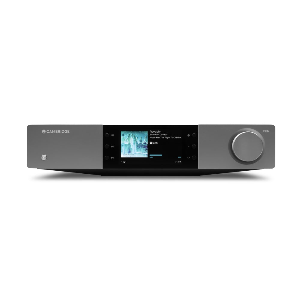 Cambridge Audio EXN100 Network Player with a large color screen displaying an album cover, button controls, and the brand's logo.