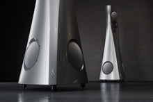 Two silver Estelon Forza Reference Speakers on a dark background