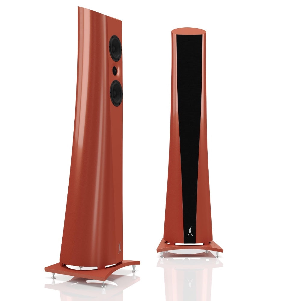 An Estelon Amber Elegance Aura Floor Standing Speaker with a white front and black base, featuring a minimalist design.