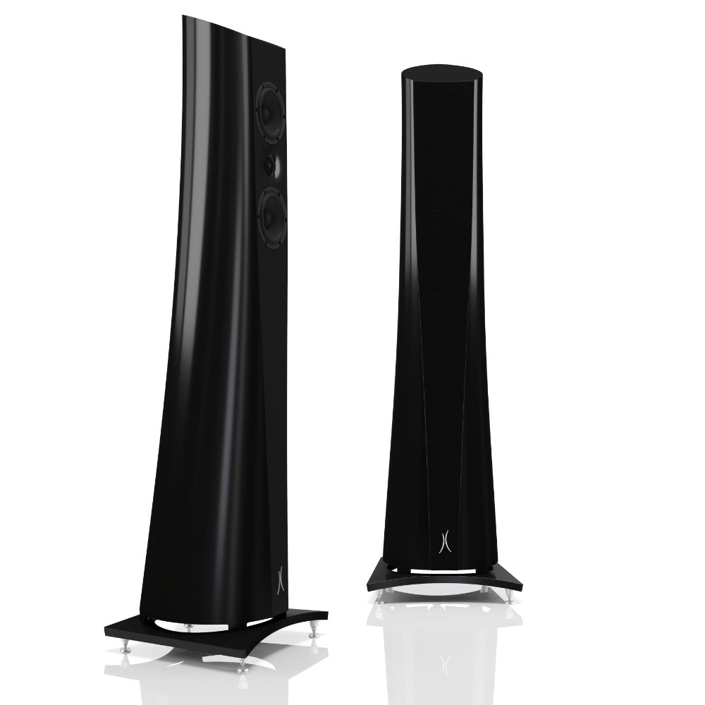 An Estelon black gloss Aura Floor Standing Speaker with a white front and black base, featuring a minimalist design.