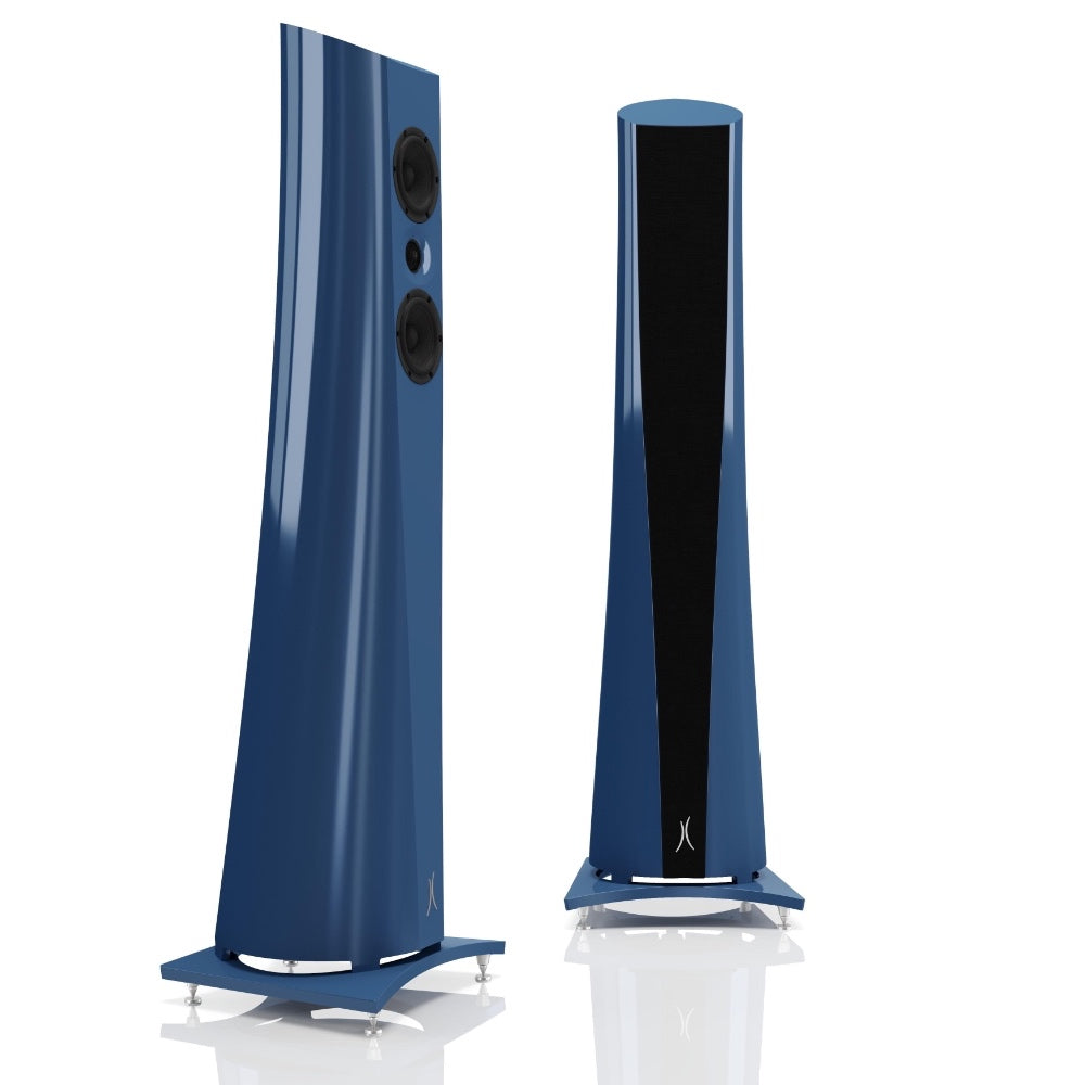 An Estelon Horizon Blue Aura Floor Standing Speaker with a white front and black base, featuring a minimalist design.