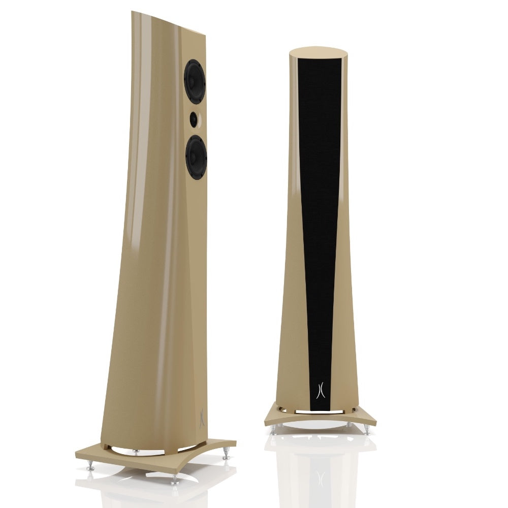 An Estelon Starlight Aura Floor Standing Speaker with a white front and black base, featuring a minimalist design.