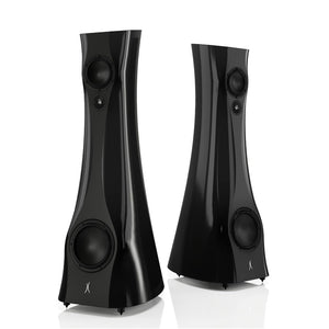 A pair of Black Lava Liquid Gloss Estelon XB Diamond MK II floor-standing speakers with a diamond tweeter and a mid-woofer.