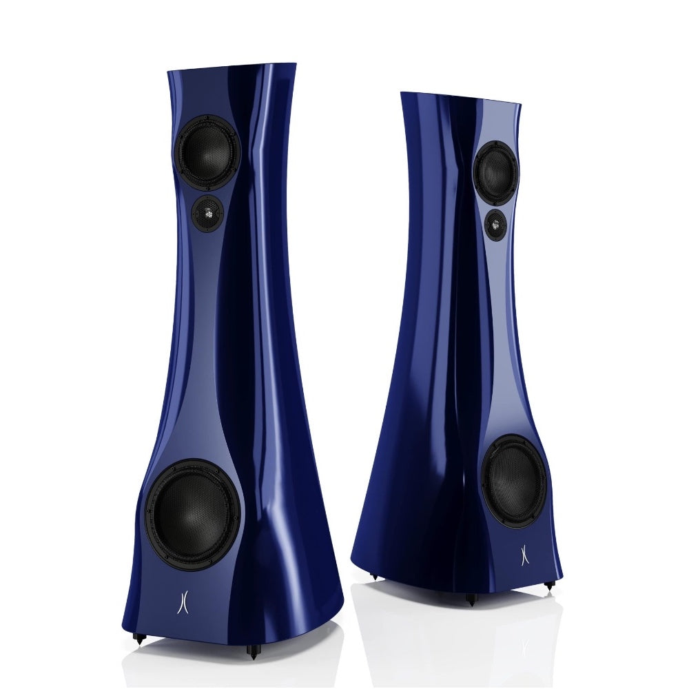 A pair of Blue Cobalt Liquid Gloss Estelon XB Diamond MK II floor-standing speakers with a diamond tweeter and a mid-woofer.