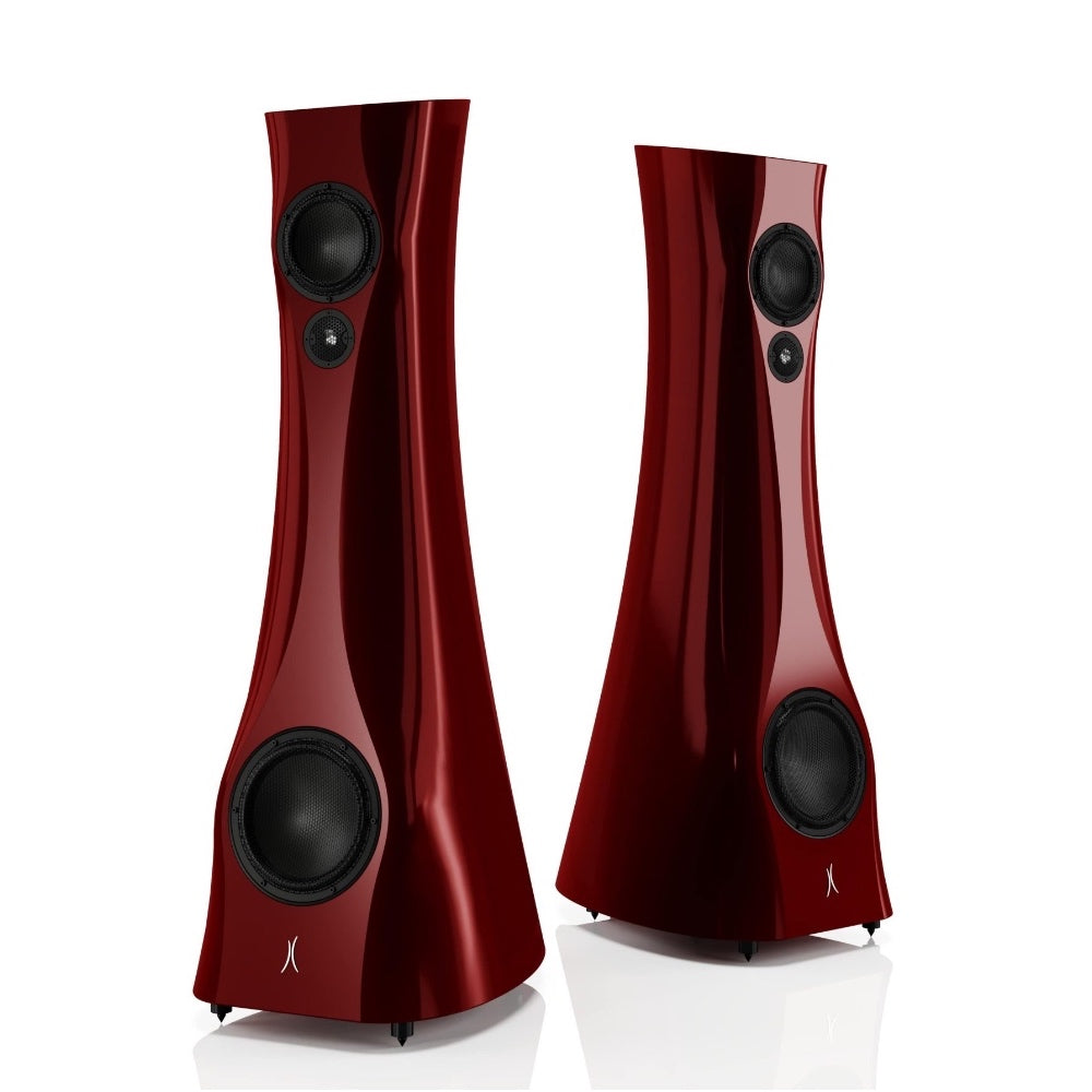 A pair of Red Rocket Liquid Gloss Estelon XB Diamond MK II floor-standing speakers with a diamond tweeter and a mid-woofer.