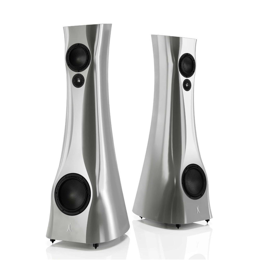 A pair of Silver Pure Alu Liquid Gloss Estelon XB Diamond MK II floor-standing speakers with a diamond tweeter and a mid-woofer.