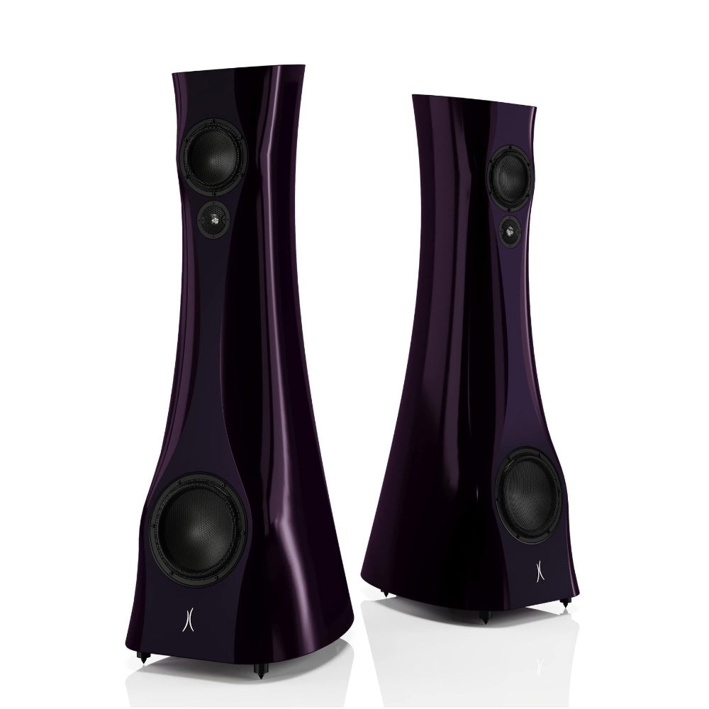 A pair of Violet Night Liquid Gloss Estelon XB Diamond MK II floor-standing speakers with a diamond tweeter and a mid-woofer.