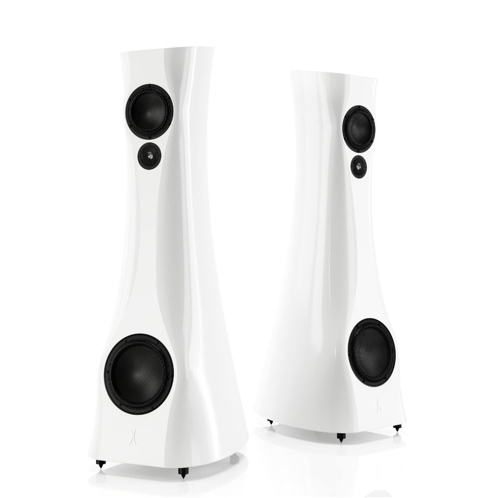A pair of White Gloss Estelon XB Diamond MK II floor-standing speakers with a diamond tweeter and a mid-woofer.