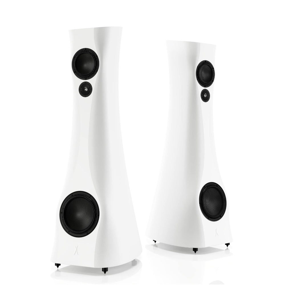 A pair of White Matte Estelon XB Diamond MK II floor-standing speakers with a diamond tweeter and a mid-woofer.