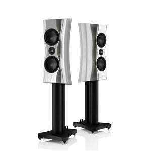 A pair of Estelon XC Diamond MK II stand mount speakers, featuring a sleek design with a metallic finish and black base.