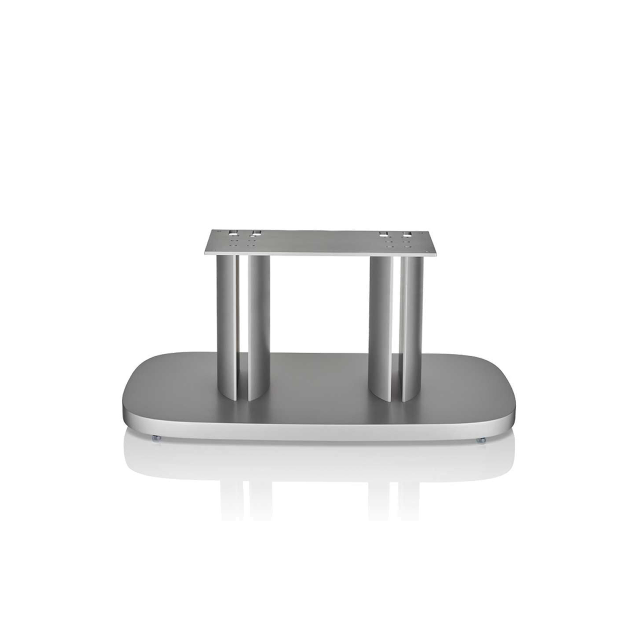 A silver centre channel speaker stand from Bowers & Wilkinas, designed for the HTM D4 speaker.