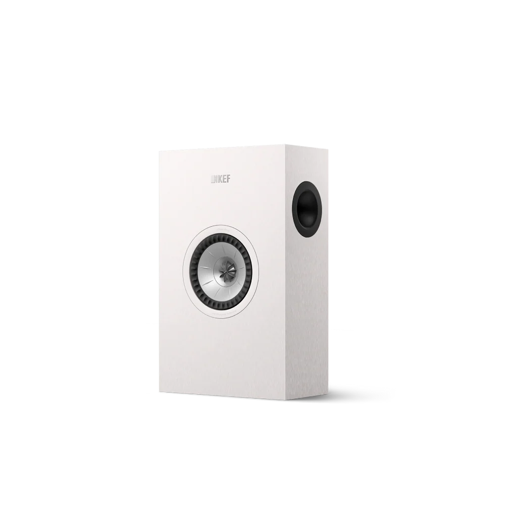 A slender satin white on-wall KEF Q4 Meta On-Wall Speaker.