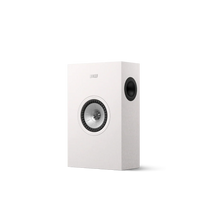 A slender satin white on-wall KEF Q4 Meta On-Wall Speaker.