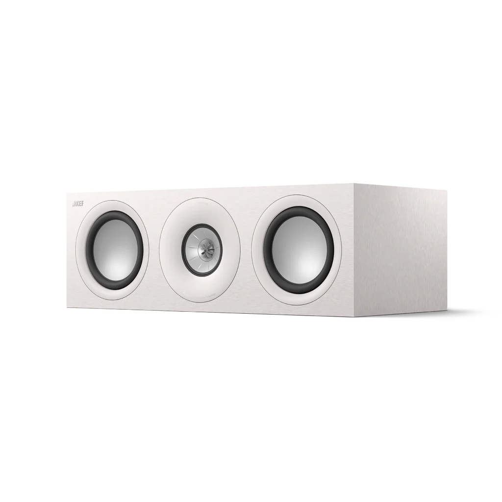 A white KEF Q6 Meta centre channel speaker with a Uni-Q driver array.