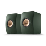 A pair of KEF LS50META Bookshellf Monitors in moss green finish on a white background.
