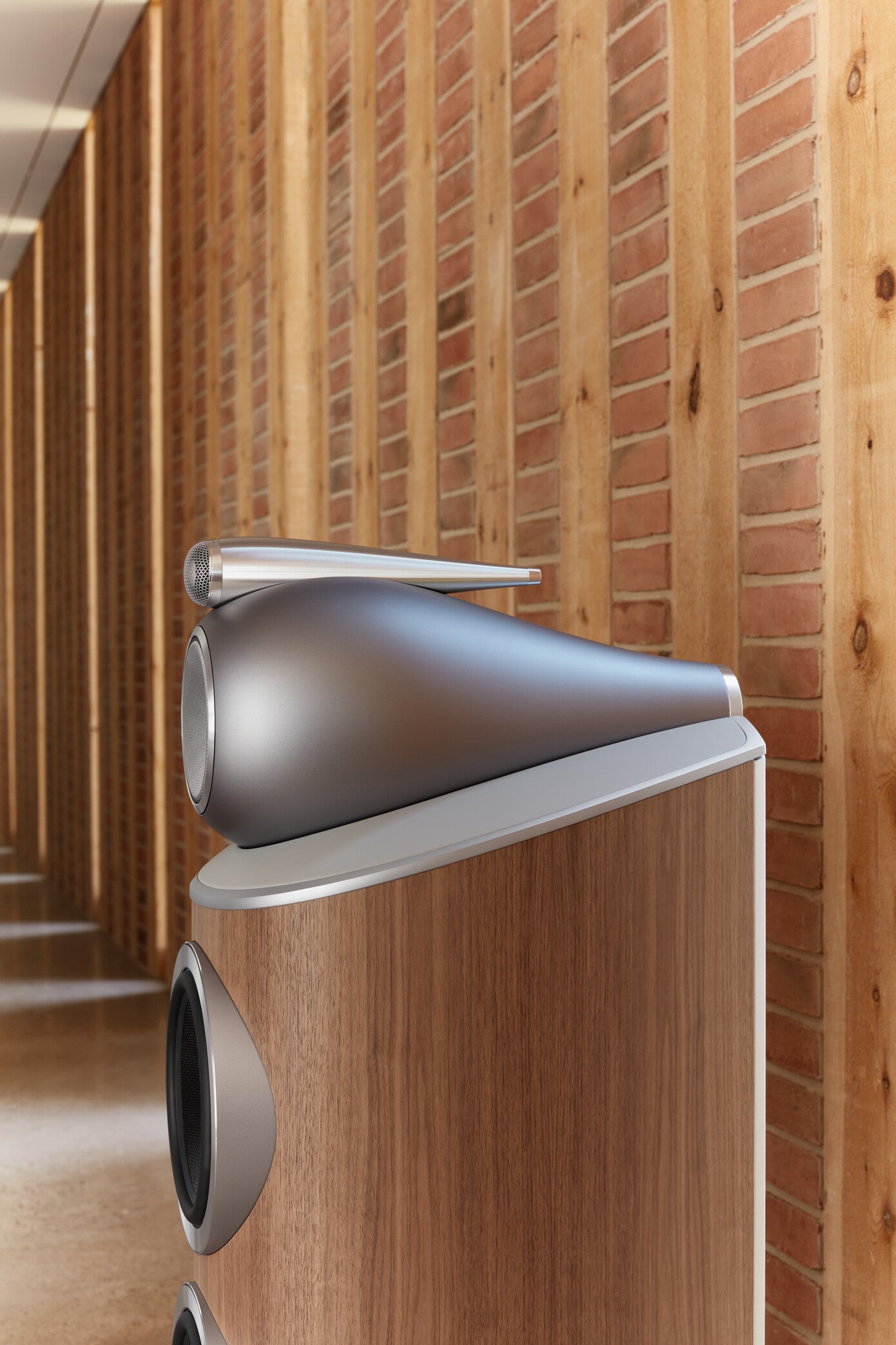 A closeup on the B&W 802 D4 Reference Speaker in a hallway.