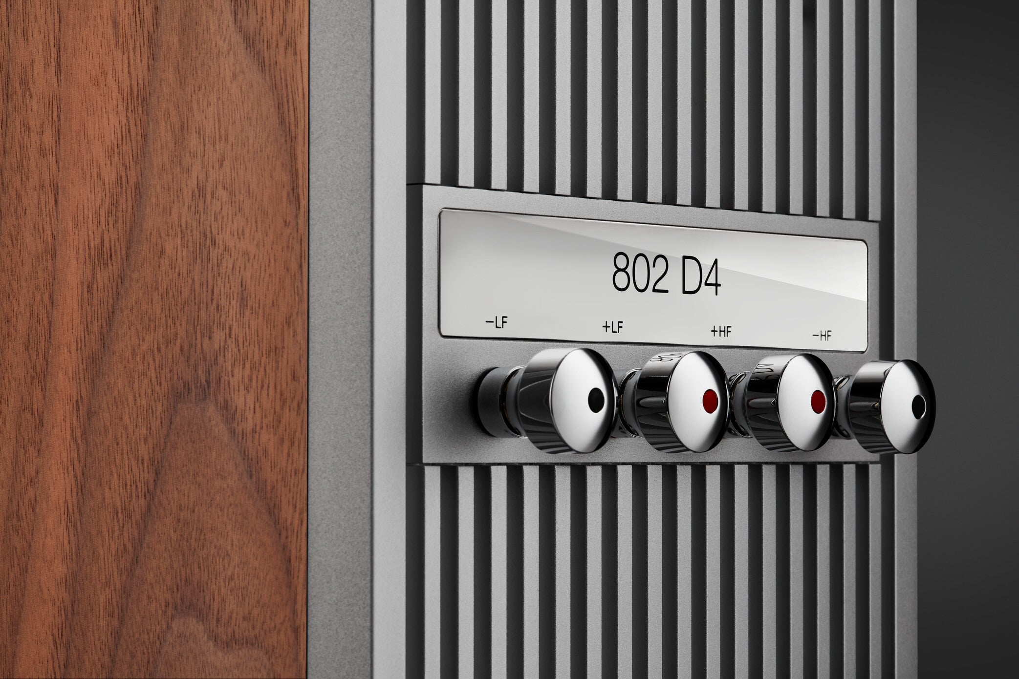 A closeup on dials on the B&W 802 D4 Reference Speaker.