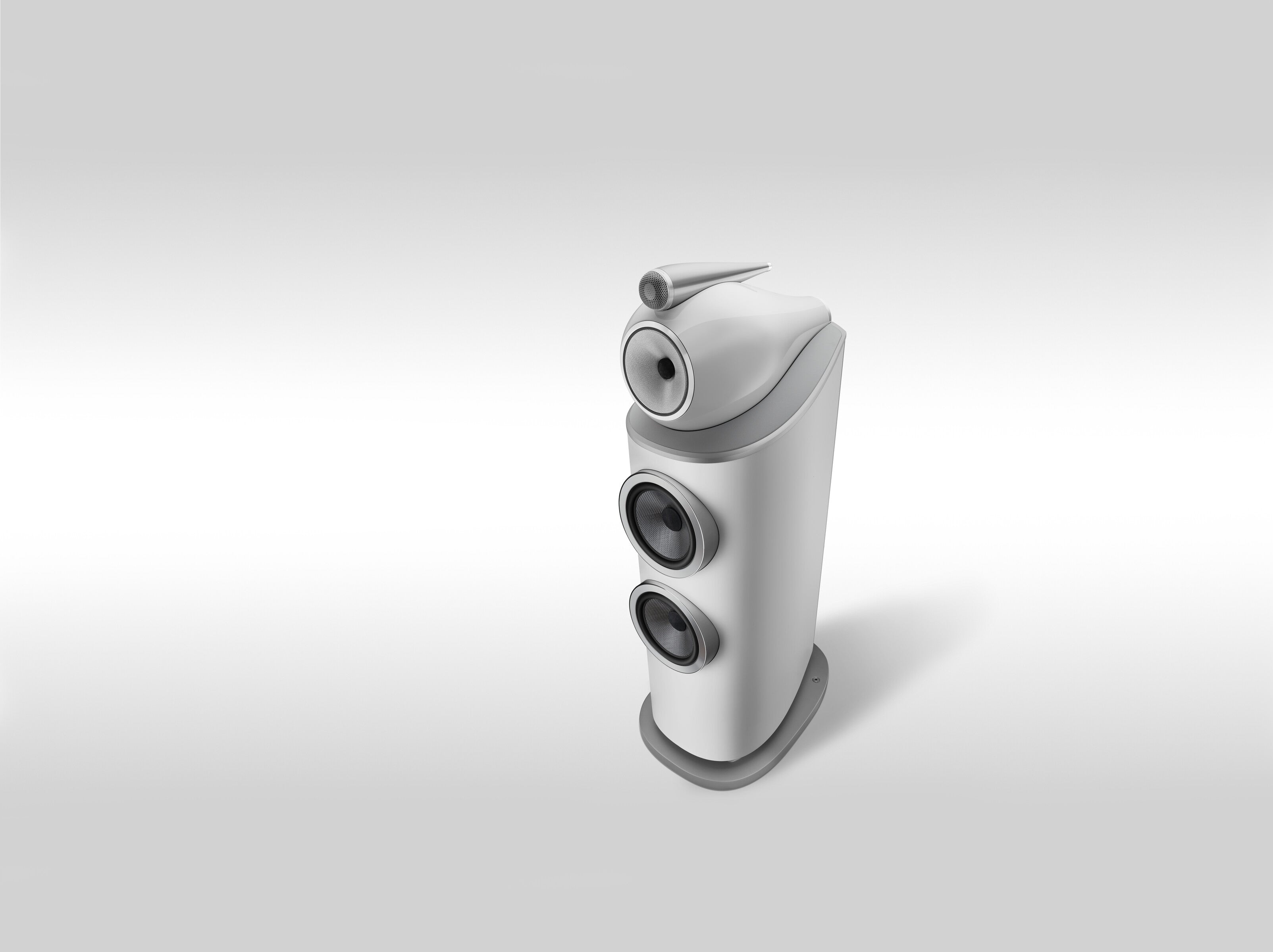 A B&W 802 D4 Reference Speaker in satin white finish.