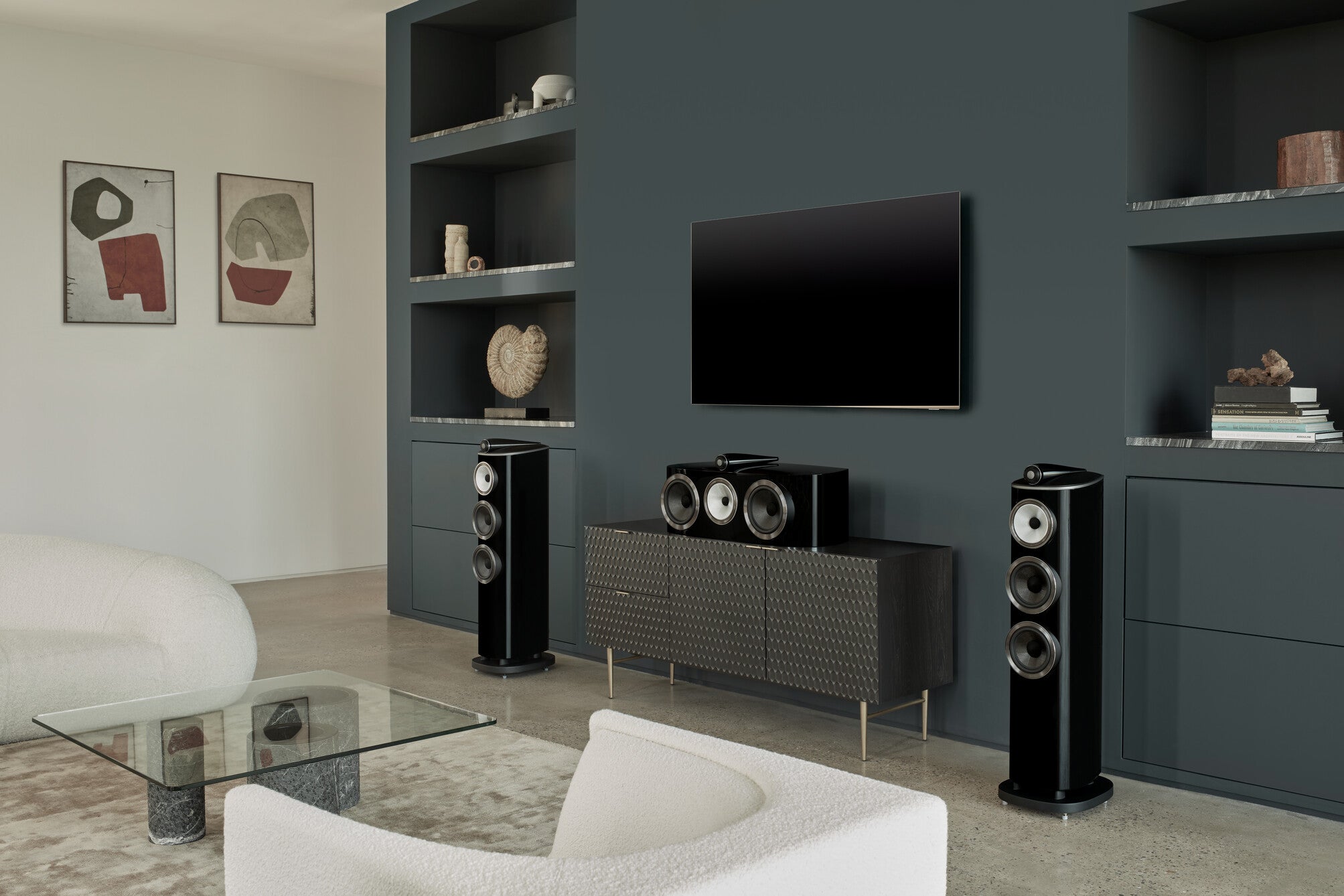 A pair of B&W 804 D4 Reference Speaker in gloss black color finish in a modern living room.