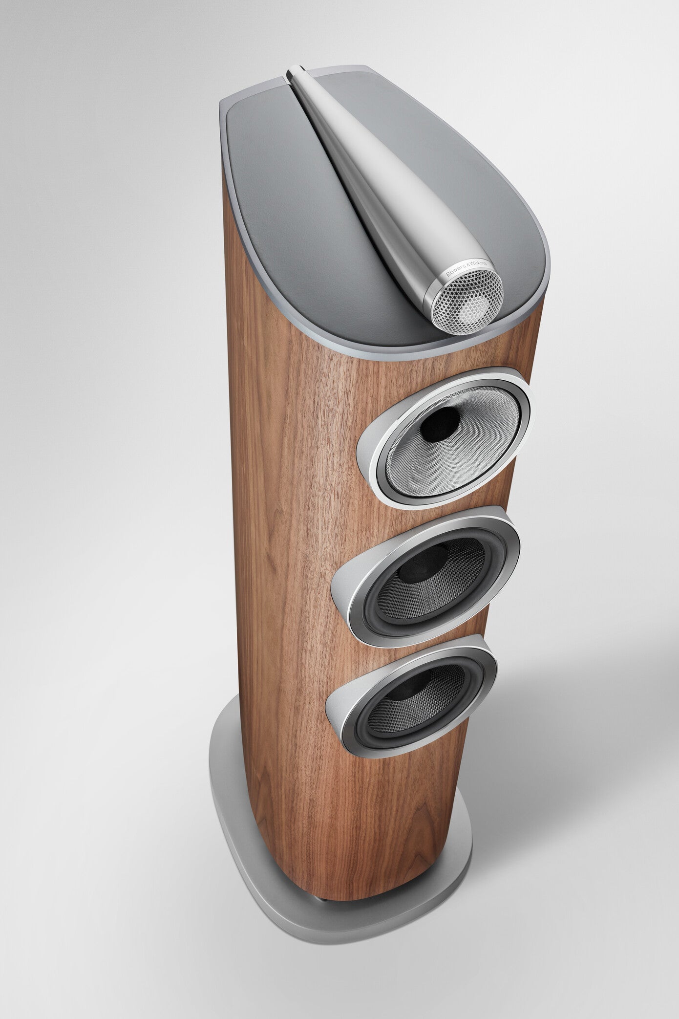 A top view of a B&W 804 D4 Reference Speaker in walnut finish.