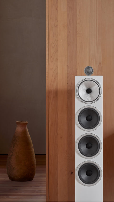 Closeup of a B&W 702 S3 Floor Standing Speaker in satin white finish.