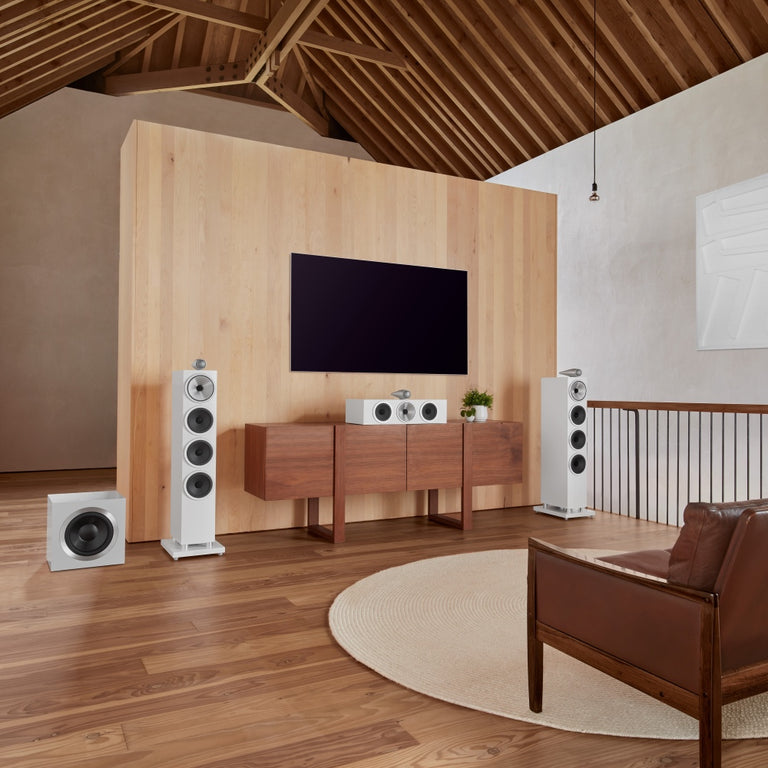Home theatre featuring B&W 702 S3 Floor Standing Speakers in satin white finish.