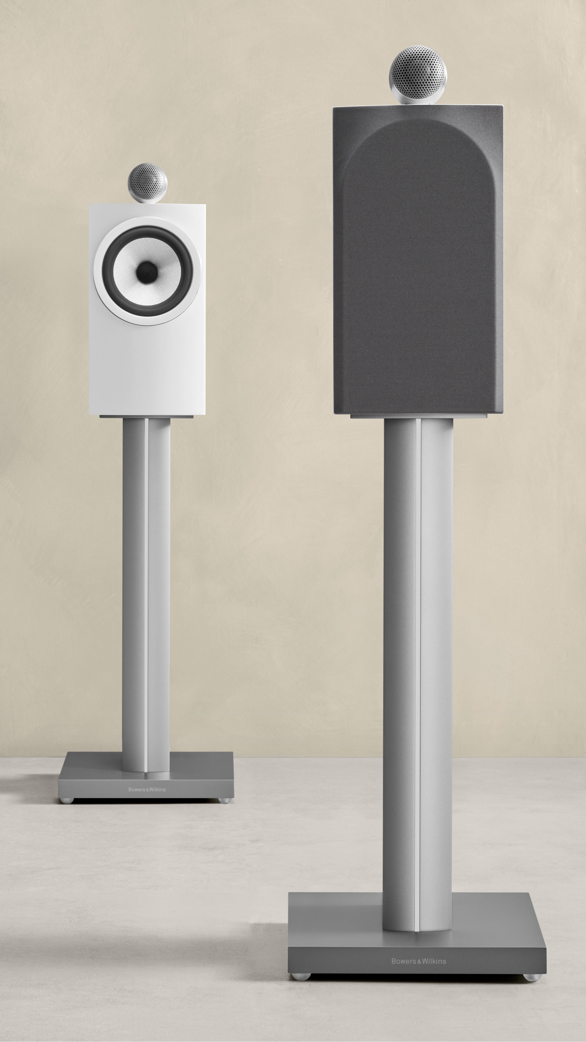 A B&W 705 S3 Bookshelf Speaker in sating white color from front and back view.