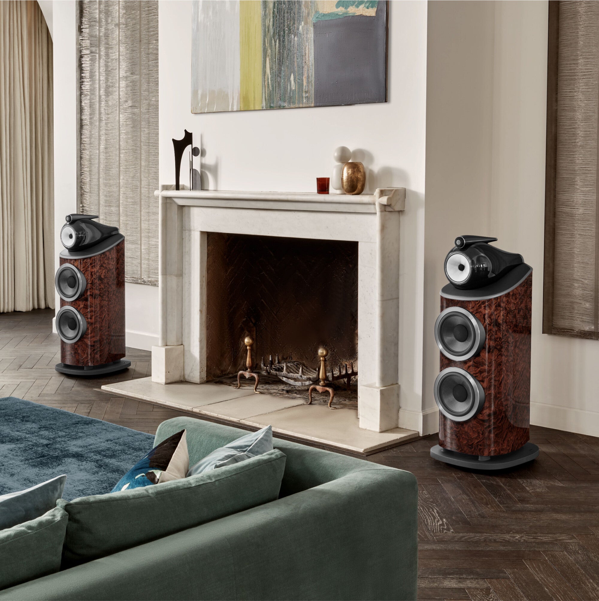 A pair of B&W 801 Signature Reference Speakers in California burl gloss color finish in a modern living room.