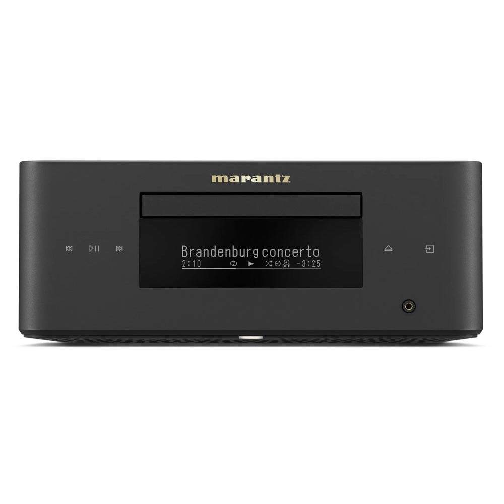 Marantz MCR 60n compact all-in-one hi-fi system – front view showing CD slot, OLED display playing Brandenburg Concerto, transport controls, and headphone jack