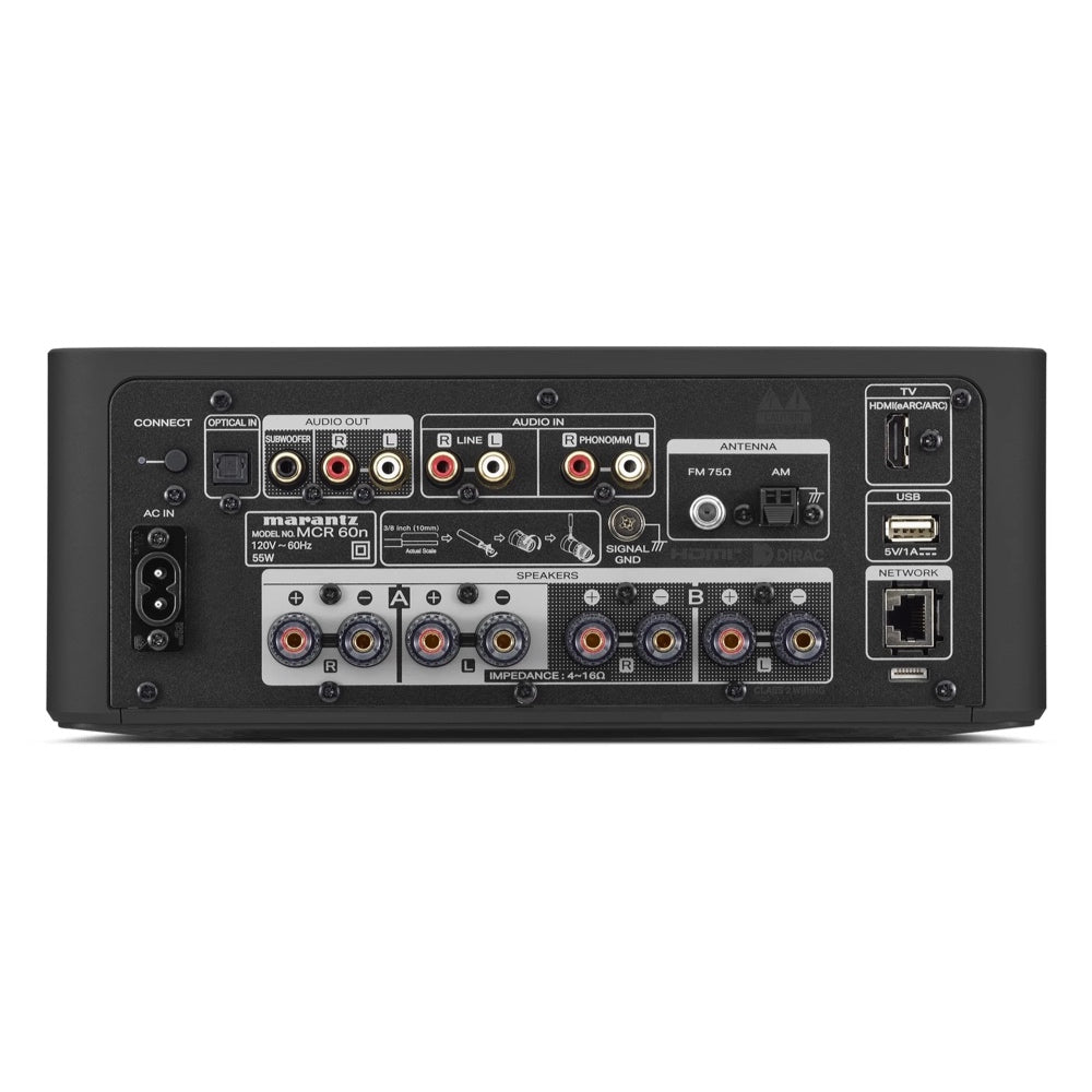 Marantz MCR 60n rear panel showing speaker binding posts for two zones, RCA audio in/out, phono input, optical in, HDMI eARC, USB, network, FM/AM antenna, and AC power connection
