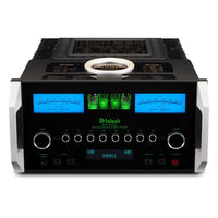 McIntosh MA-12000 hybrid integrated amplifier with blue-lit meters, green tubes, and black glass front panel.