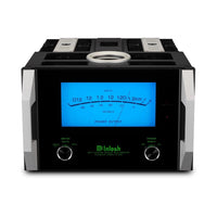 McIntosh 1.25KW mono amplifier with blue power meter, black chassis, and silver accents.