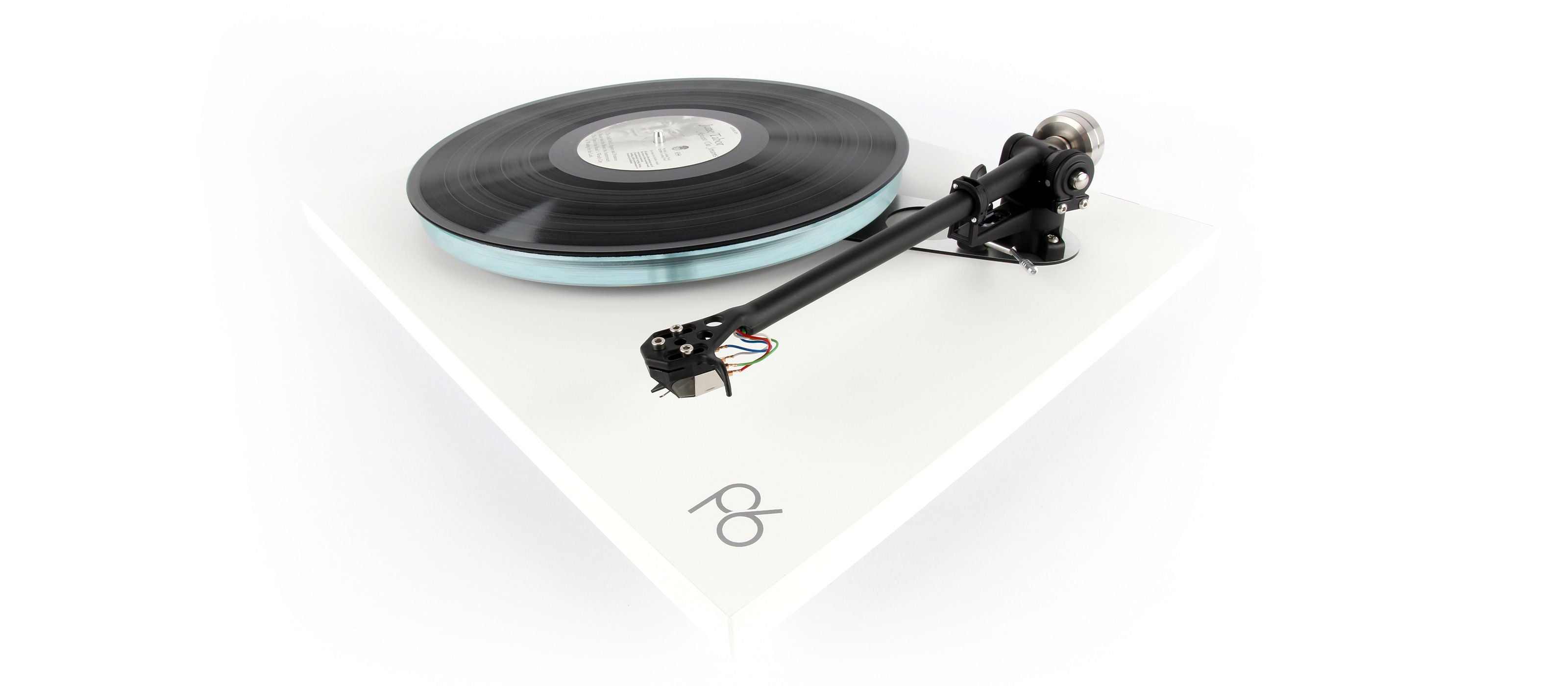 A high-fidelity turntable with a minimalist white rectangular base and a Rega ND5 MM Phono Cartridge, set against a clean white background.