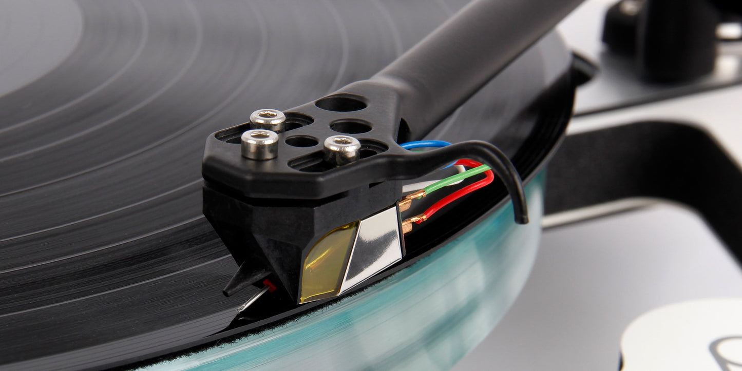Close-up of a vinyl record player Rega ND7 MM Phono Cartridge on a turntable