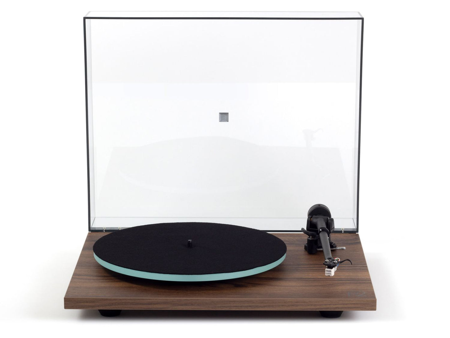 A Rega Planar 2 With Nd3 Cartridge with a walnut wood base, a black vinyl record with a light blue inner rim, and a clear glass dust cover, shown against a plain white background.
