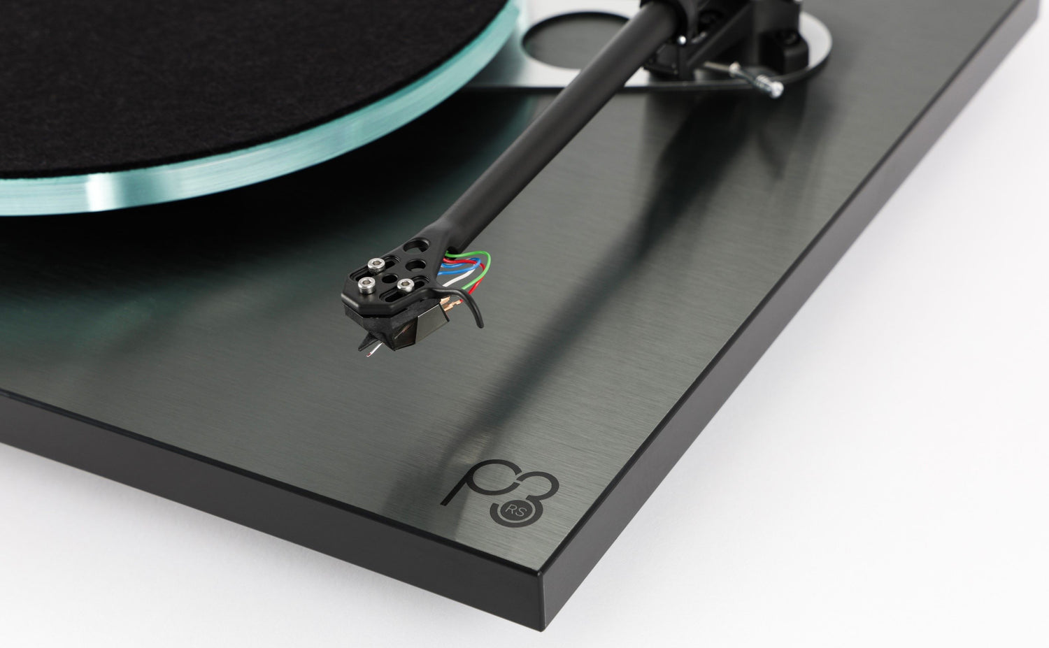 Matte black Rega Planar 3 RS turntable with sleek tonearm and RB330 cartridge, minimalist design.
