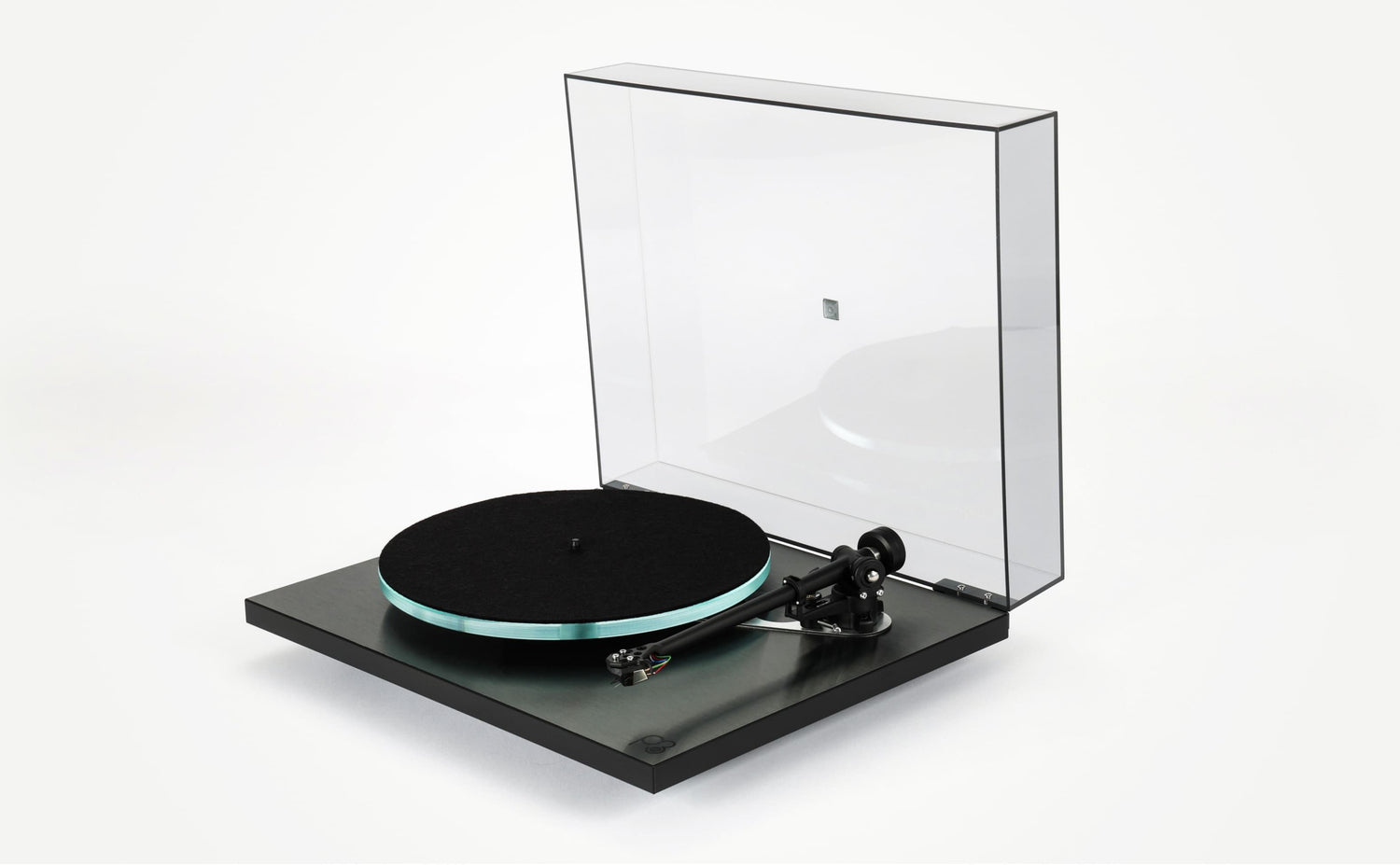 Rega Planar 3 RS turntable with black plinth, clear dust cover, and mint green platter edge.